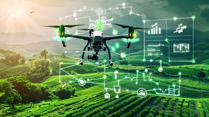 A drone hovers over a lush green field, its sensors gathering data for precision agriculture. The drone is surrounded by a digital interface showcasing real-time data analysis.