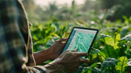 A farmer uses a tablet to analyze crop data collected by a drone, optimizing irrigation and fertilization for maximum yield. The screen displays data visualizations and charts.