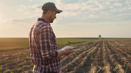 A drone pilot meticulously analyzes data collected from a field, utilizing a digital map to identify areas requiring attention or optimization. The image embodies the use of technology for precision