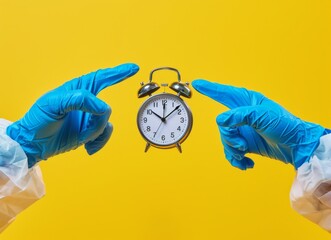 Two hands in medical gloves holding an alarm clock against a yellow background