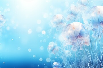 beautiful jellyfish on blurred blue and white bubble background with copy space