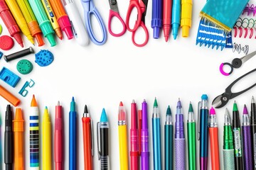 An assortment of colorful pens, erasers, and scissors arranged along the border of a white background