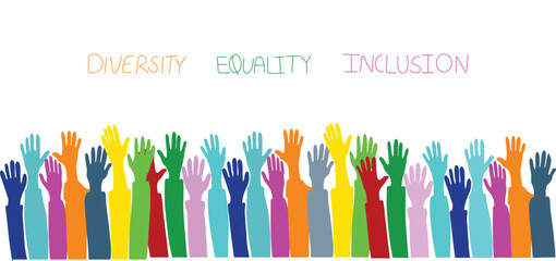 Multicolored raised hands against white isolated background. Representing the concept of Diversity, Inclusion and equality.