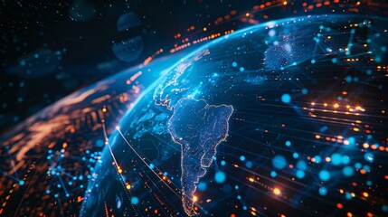 A stylized concept of the future of agriculture. A blue-tinged planet Earth is enveloped by a network of glowing data points and circuits, representing the transformative power of digital technology