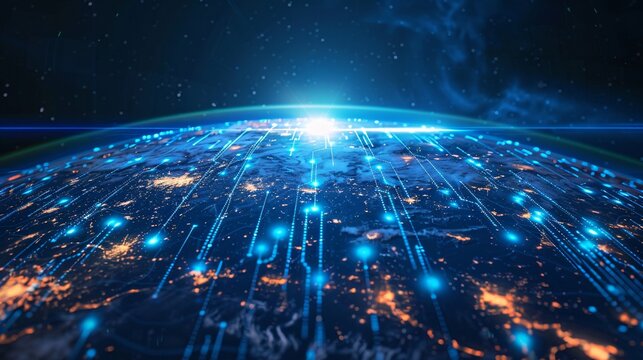 A vibrant illustration of the intersection of technology and farming. Digital circuitry and glowing data points encircle a blue-hued Earth, symbolizing the integration of digital tools into