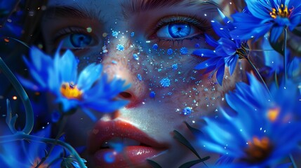 Enchanting Blue Floral Fantasy Portrait of Ethereal Celestial Woman Glowing with Radiant Beauty and Mystical Charm
