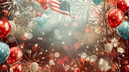 Artistic rendering of the U.S. flag with a backdrop of spectacular fireworks and festive balloons, plus a customizable text area.