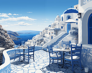Obraz premium a taverna or cafe on a terrace in Santorini with a scenic view of Oia town high above the cliffs and coast of the mediterranean sea, aegean, Greece 