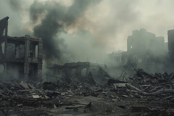 Fototapeta premium Devastated landscape with crumbled buildings and smoke-filled sky, consequences of hostilities and disasters