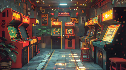 A cozy retro arcade room featuring classic game cabinets, vintage decor, and warm lighting,...