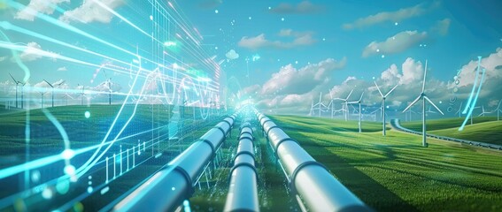 3D rendering of digital energy highway with wind turbines and pipes on the background, green field landscape with blue sky, futuristic concept for sustainable industry technology illustration,  - Powered by Adobe