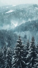 A breathtaking winter scene from above majestic snow-covered mountains and a dense forest of fir trees blanketed in snow