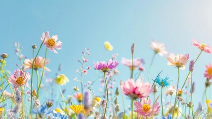 Fototapeta premium Vibrant spring meadow dotted with soft pastel flowers under a clear blue sky