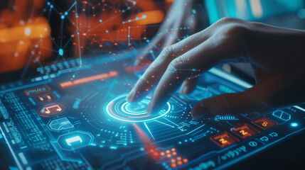 Female scientist analyzing digital data, working on a digital screen