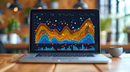Laptop screen showing vibrant and complex data analysis graphs in a modern office setting, emphasizing analytics and technology