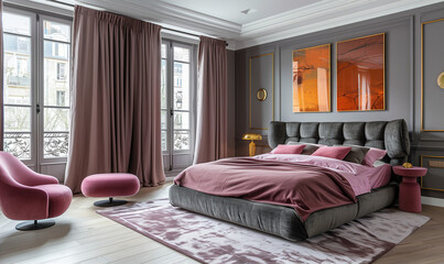 Bedroom design interior in neoclassic style. Beige walls with plaster stucco. Black bed, windows, curtains, modern art, pink