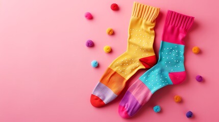 2 pairs of multicolored cotton socks on a pink background