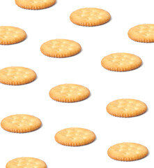Creative layout made of cracker cookies on the white background. Food concept. Macro concept.