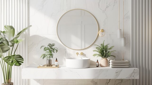 Elegant and Modern Bathroom with Circular Mirror and Greenery for Relaxation. Perfect for modern home design inspiration and bathroom decor ideas with a touch of nature.