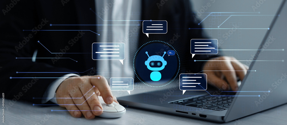 Poster Virtual assistant, artificial intelligence Bot and CRM software automation technology. Chat with AI.Customer person using chat service to get support.Online support Chatbot conversation.