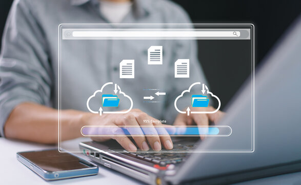 Cloud backup data download management, Exchange file copy, DMS loading. Data transfer technology concept. FTP(File Transfer Protocol) files recovery computer backup. Transfer document of data folder.