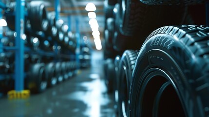 Car tires in the factory warehouse