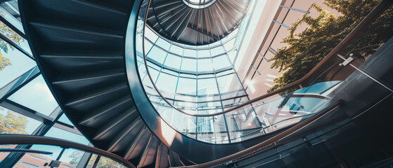 Fototapeta premium An artistic upward shot of a spiral staircase with sleek, modern architecture, showcasing the geometric precision and creative design under natural sunlight.