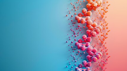 Abstract digital DNA image in soothing baby blue, lively salmon-orange, gentle peach, and vibrant ruby red, utilizing negative space and rule of thirds.