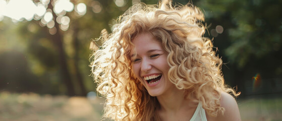 Fototapeta premium A woman with curly blonde hair laughing heartily in a sunny outdoor setting, surrounded by greenery, capturing a moment of pure joy and vibrancy.