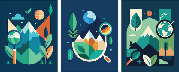 World Environment Day. Vector abstract illustrations of leaves, water waves, mountains and magnifying glass for poster, planet protection and conservation icons, global warming in minimalism and flat