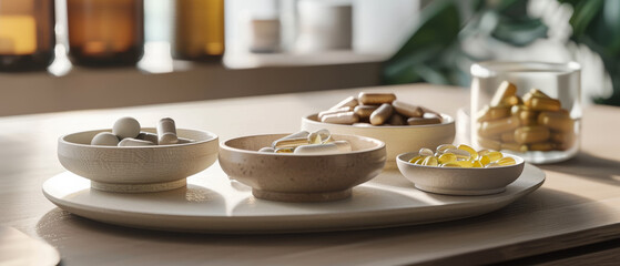 Fototapeta premium A selection of vitamins and supplements in wooden and ceramic bowls are neatly placed on a wooden tray in a sunny, tranquil setting.