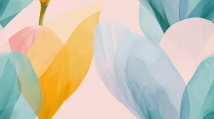 Vibrant tulip petal with blue, mustard, mauve, and green hues, set against a minimalist background with ample negative space.