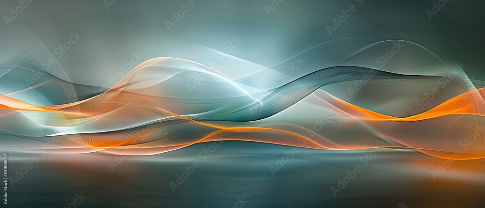 Wall mural abstract wave pattern with flowing gradients of orange and teal on a blurred background, evoking a s