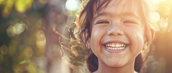 Fototapeta premium A young girl with a radiant smile beams with pure joy against a sun-dappled, blurry backdrop, capturing the essence of innocent happiness.