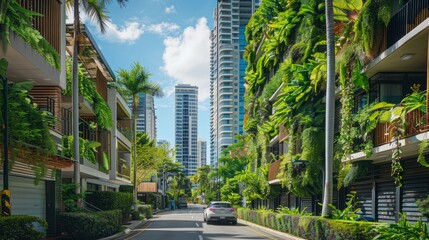 A view down a city street lined with tall apartment buildings and lush greenery, featuring green...