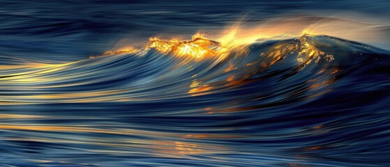 Dramatic ocean wave illuminated by golden light during sunset, capturing the dynamic motion and power of nature.