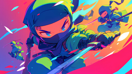 cute ninja playing sword rainbow color background