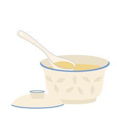 Soup meal, hot food. Asian ceramic soup dishes. Chicken broth and a spoon. Vector illustration. isolated on a white background.