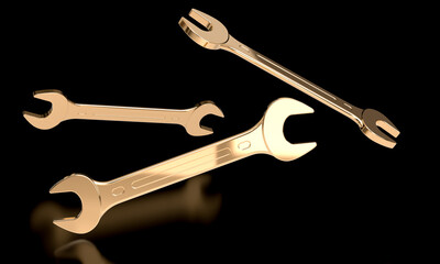 Three golden wrenches floating on a black background