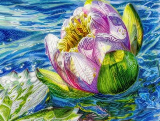 Lotus flower emerging from the water, symbolizing purity and enlightenment.