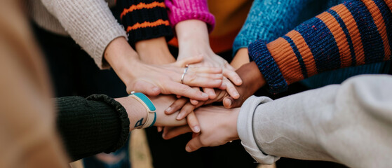 A close-up of diverse hands joined together in unity, symbolizing teamwork and solidarity against the backdrop of colorful, casual clothing.