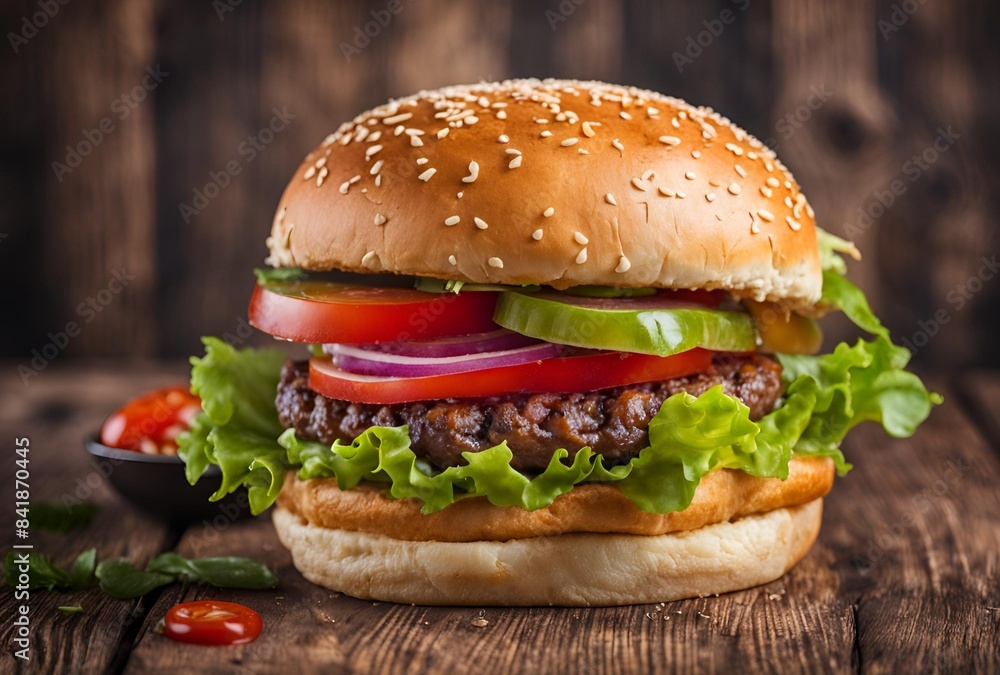 Sticker Tasty burger on wooden table with professional Background. - Stickers