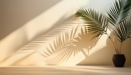 blurred shadow from palm leaves on light cream wall minimalistic beautiful summer spring background for product presentation