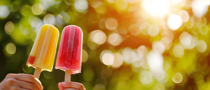 Two colorful, refreshing popsicles held up against a sunlit, bokeh-filled background, evoking a cheerful, summery vibe perfect for a warm day.