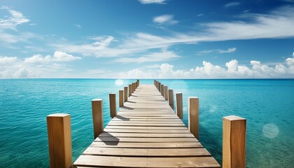 wooden pier with blue sea and sky background