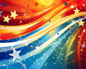 Bright and dynamic abstract pattern with stars and stripes in USA colors, celebrating Independence Day with a glossy touch.