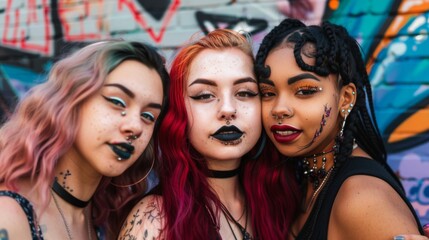 Obraz premium A vibrant artwork captures a group of diverse, empowered women, each with a distinct style, illustrating cultural diversity and the celebration of individuality.