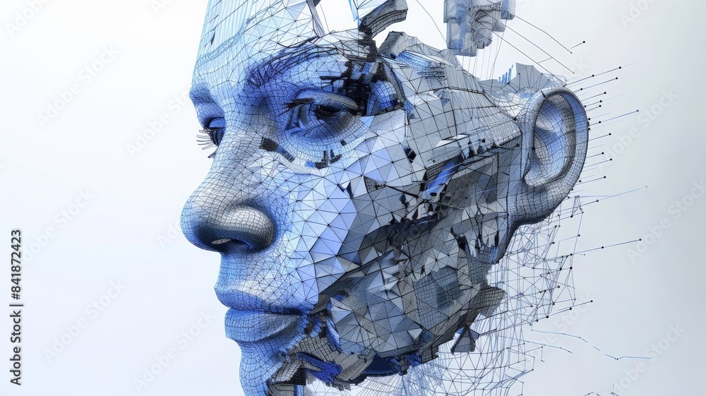 Aufkleber abstract 3d wireframe rendering of a face with a geometric, digital and modern style, perfect for co
