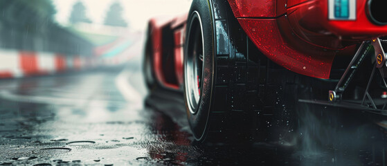 An intense close-up of a race car tire on a wet track with water droplets, capturing the raw power and speed just before the race begins.