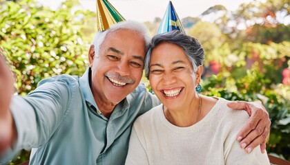 Elderly couple with video call at birthday party 